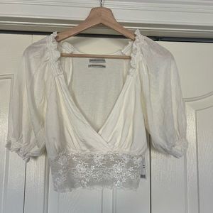 Urban Outfitters Ivory V-Neck Crop Top with Lace Detail